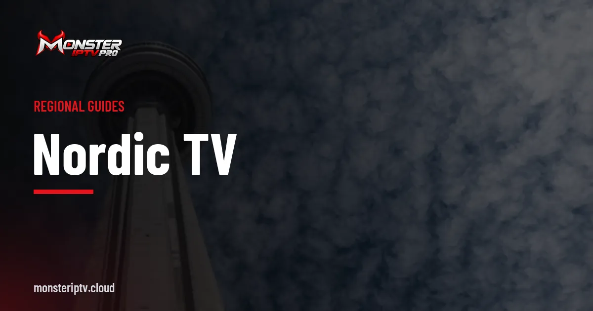 Nordic TV banner over a city skyline at dusk