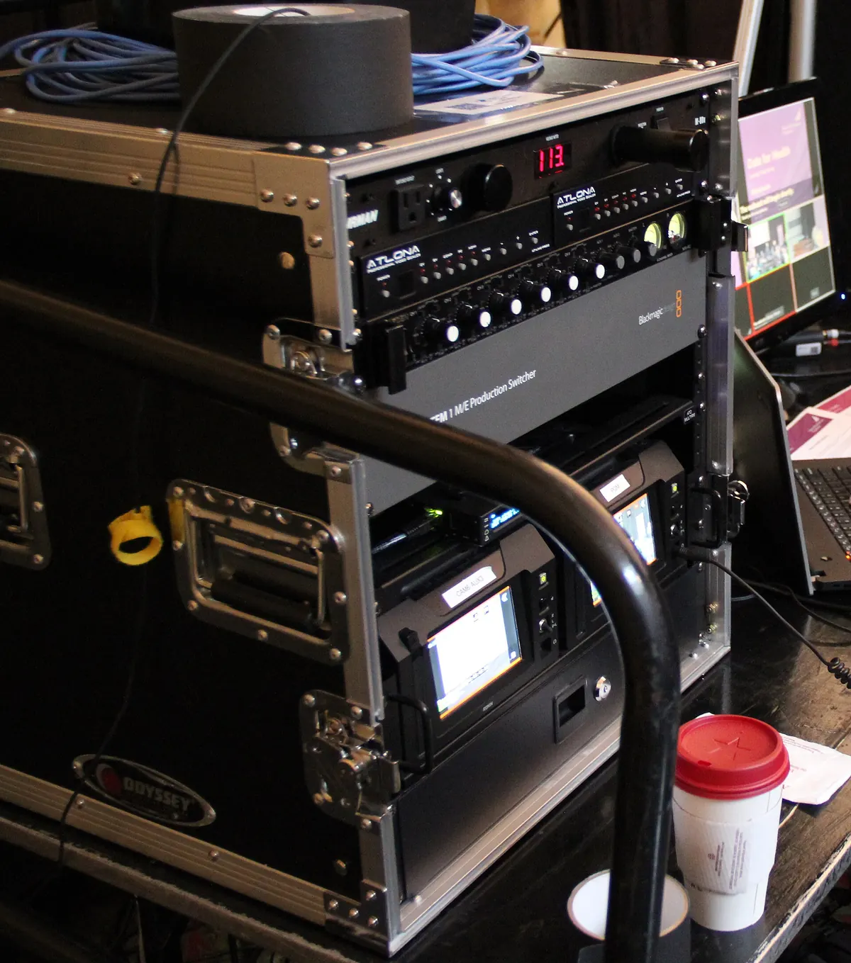 Broadcast equipment in a rack, where video encoders compress camera feeds before they reach viewers' screens