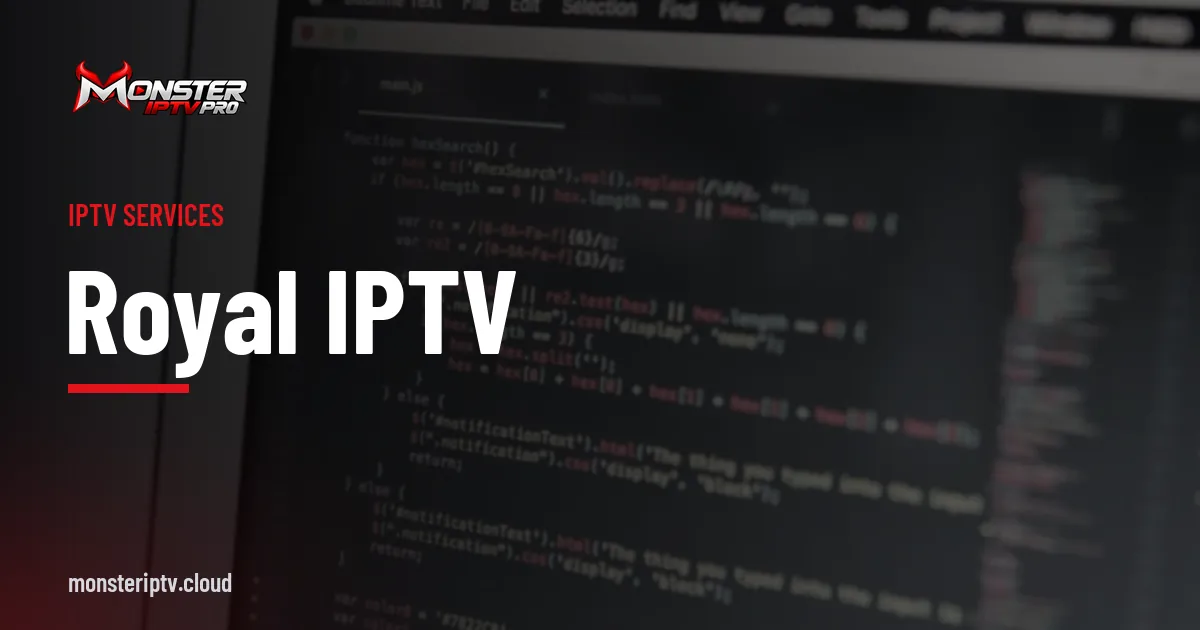 royal iptv banner over a close-up of code on a laptop screen