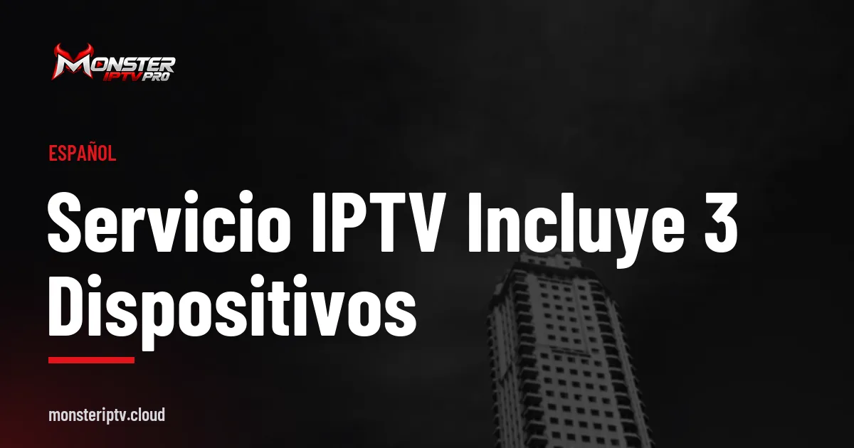 Banner con el texto Servicio IPTV incluye 3 dispositivos sobre un edificio moderno en Madrid