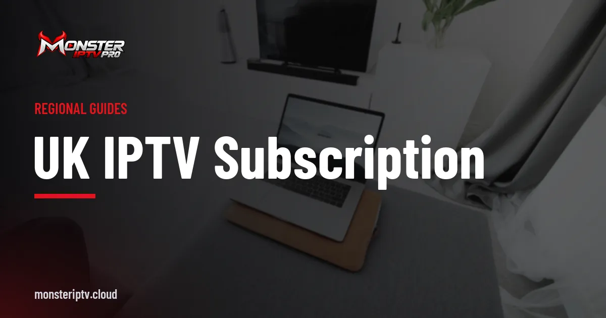 UK IPTV subscription banner over a living room with a television
