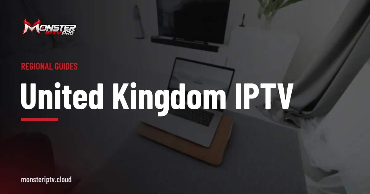 United Kingdom IPTV banner over a living room with a television