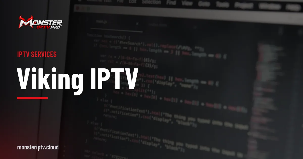 viking iptv banner over a close-up of code on a laptop screen