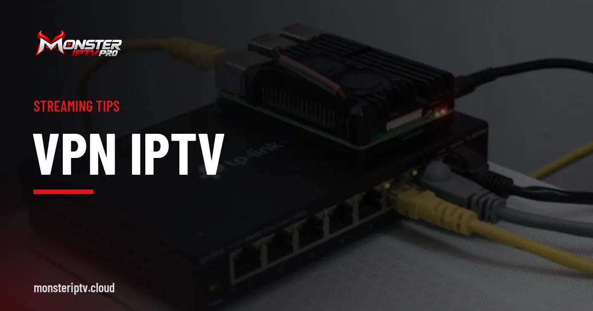 VPN IPTV banner over a network switch with Ethernet cables
